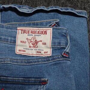 TRUE RELIGION Joey Mid Rise Flare Jeans Size 31 Red Stitching Flap Pockets